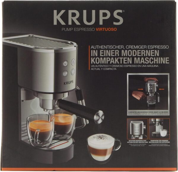 Krups INOX 1L Machine Expresso Virtuoso Automatique, 1 L, 1450 W, Compacte, 2 Tasses, Buse Vapeur pour Cappuccinos et Eau Chaude XP444C10, 1 Liter – Image 16