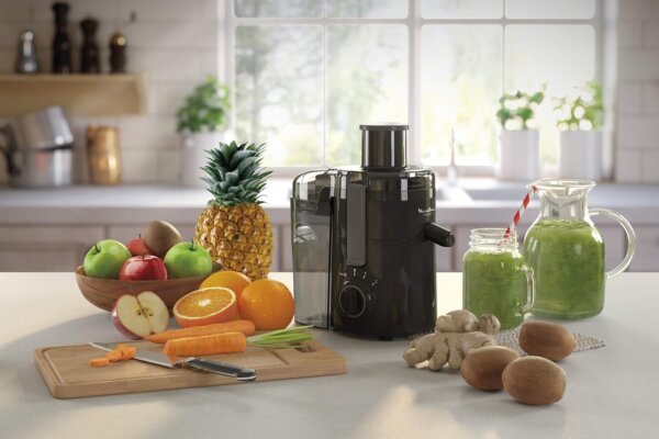 Moulinex Frutelia Plus Centrifugeuse, 950 ml, 350 W, 2 vitesses, Goulot 6 cm, Filtre inox, Compact, Jus maison de fruits et légumes JU370810, Noir – Image 3
