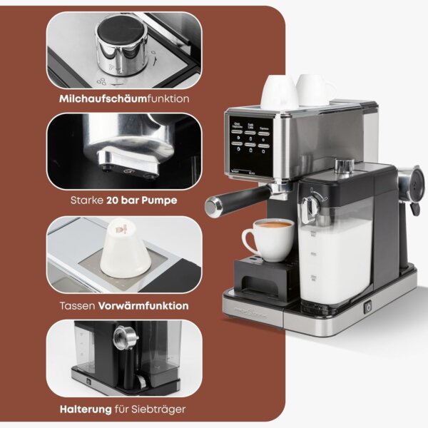 Machine à café expresso ProfiCook avec fonction de mousse de lait PC-ES-KA 1266 en acier inoxydable – Image 2