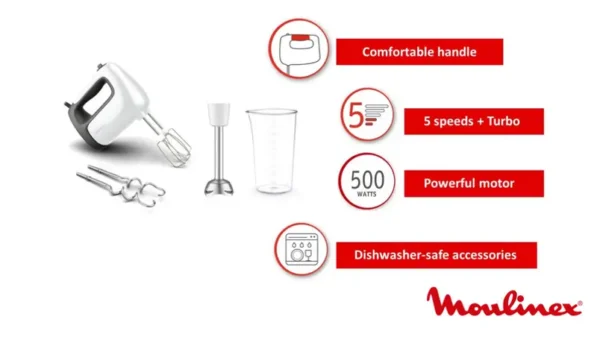Prep'mix+, Batteur électrique, 5 vitesses, 2 jeux de crochets + 1 pied mixeur, 500 W, Blanc – Image 6
